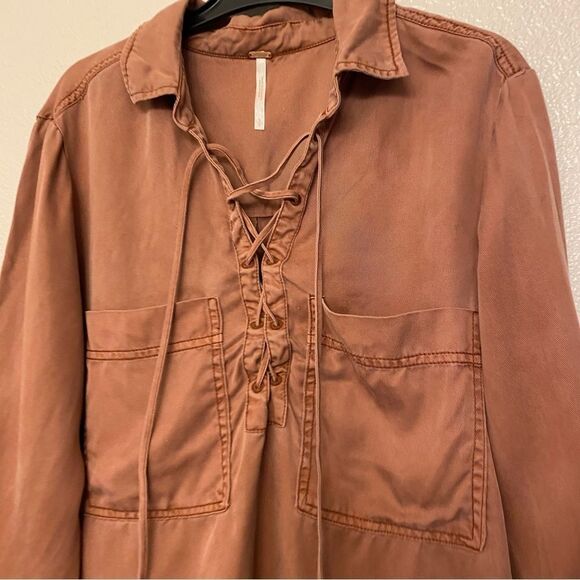 Free People Under Your Spell 100% Tencel orange long sleeve lace up blouse Top L - Picture 3 of 13